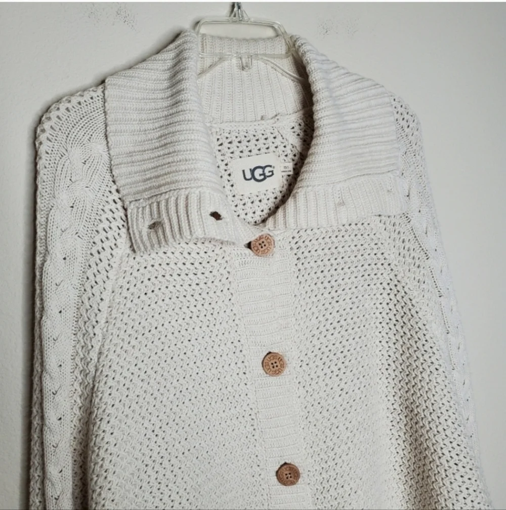 UGG Maribeth White Button Front Ribbed Cable Knit Wool Cape Cardigan Sweater